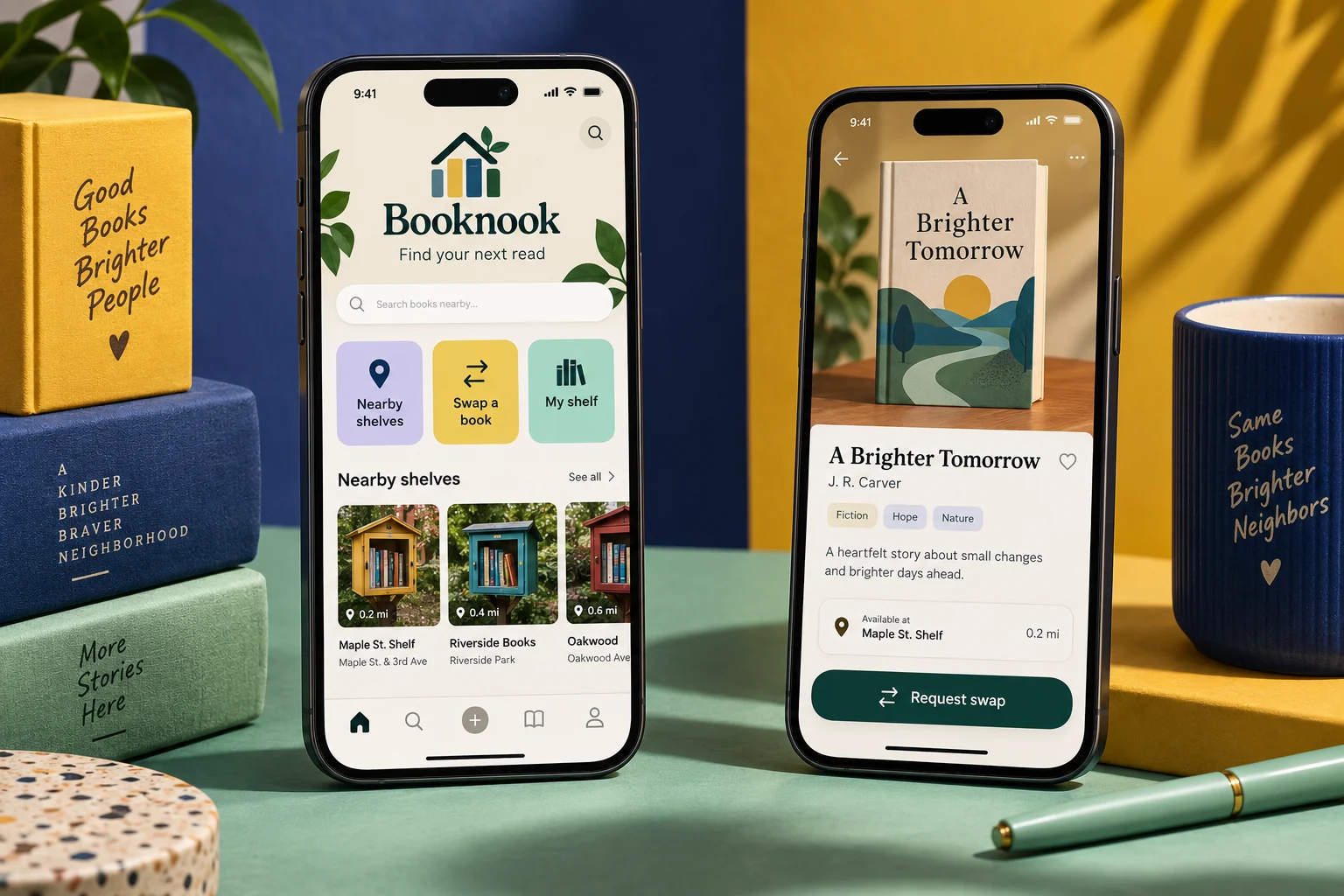 Original Booknook mobile app concept showing book communities screens in a colourful studio composition