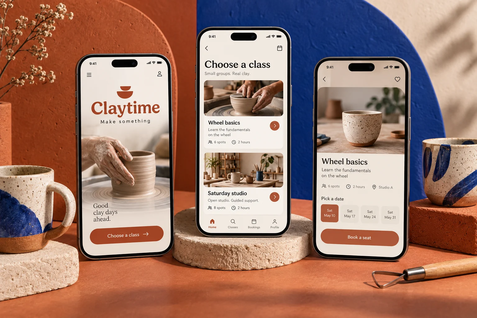 Original Claytime mobile app concept showing creative workshops screens in a colourful studio composition