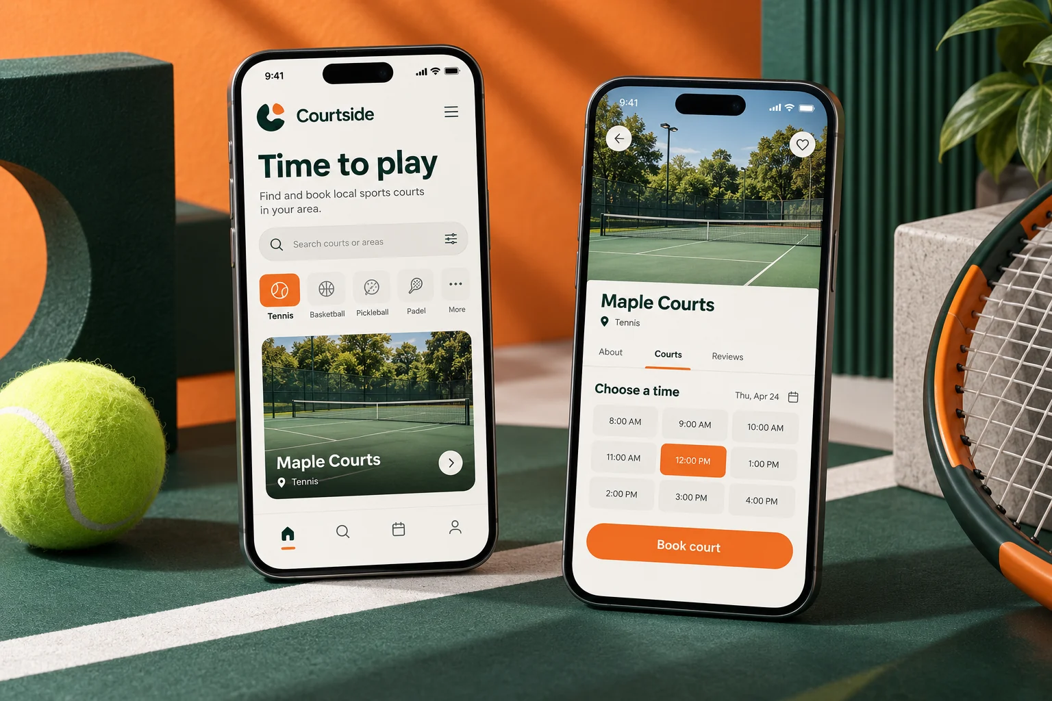 Original Courtside mobile app concept showing sports bookings screens in a colourful studio composition