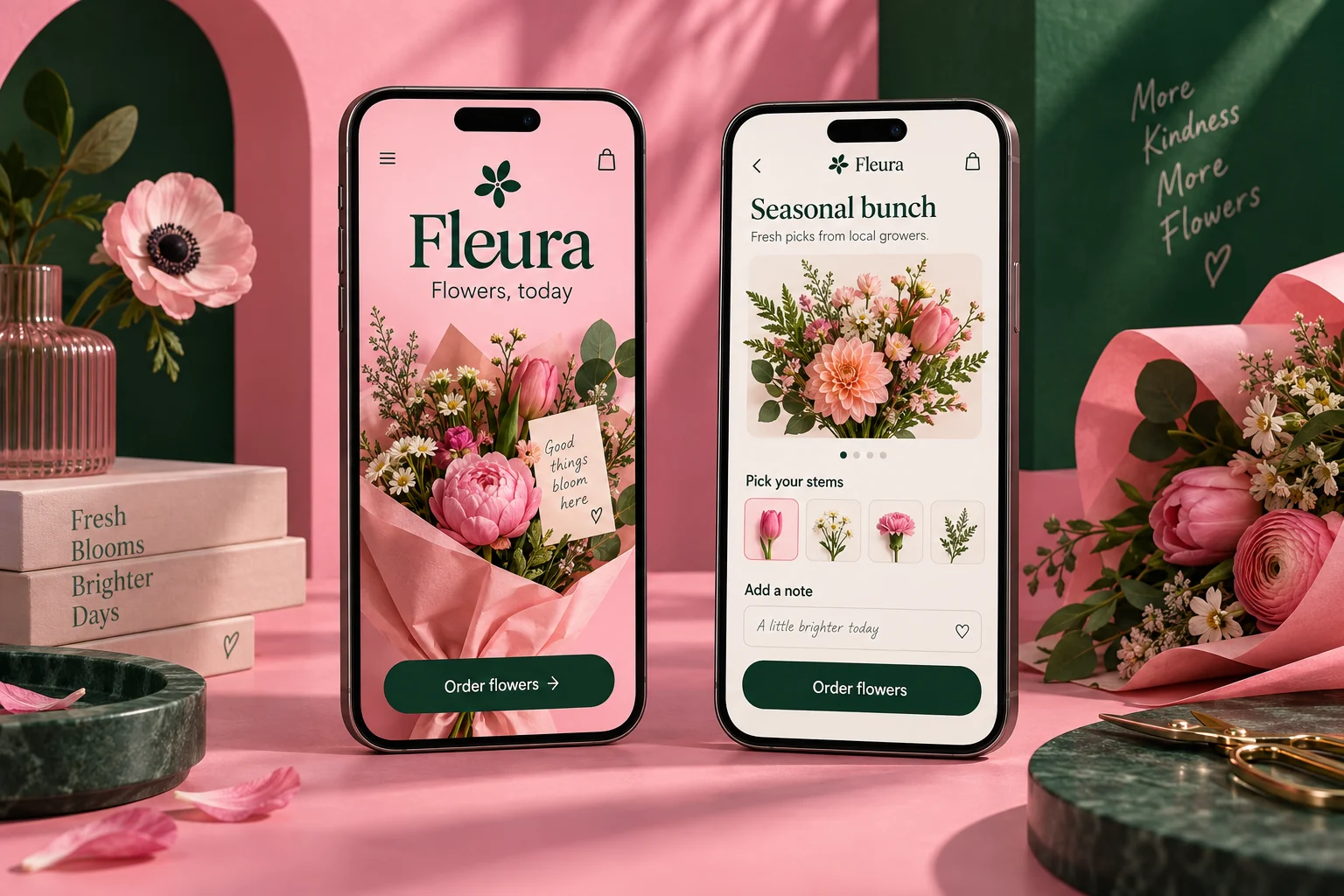 Original Fleura mobile app concept showing flowers & gifts screens in a colourful studio composition