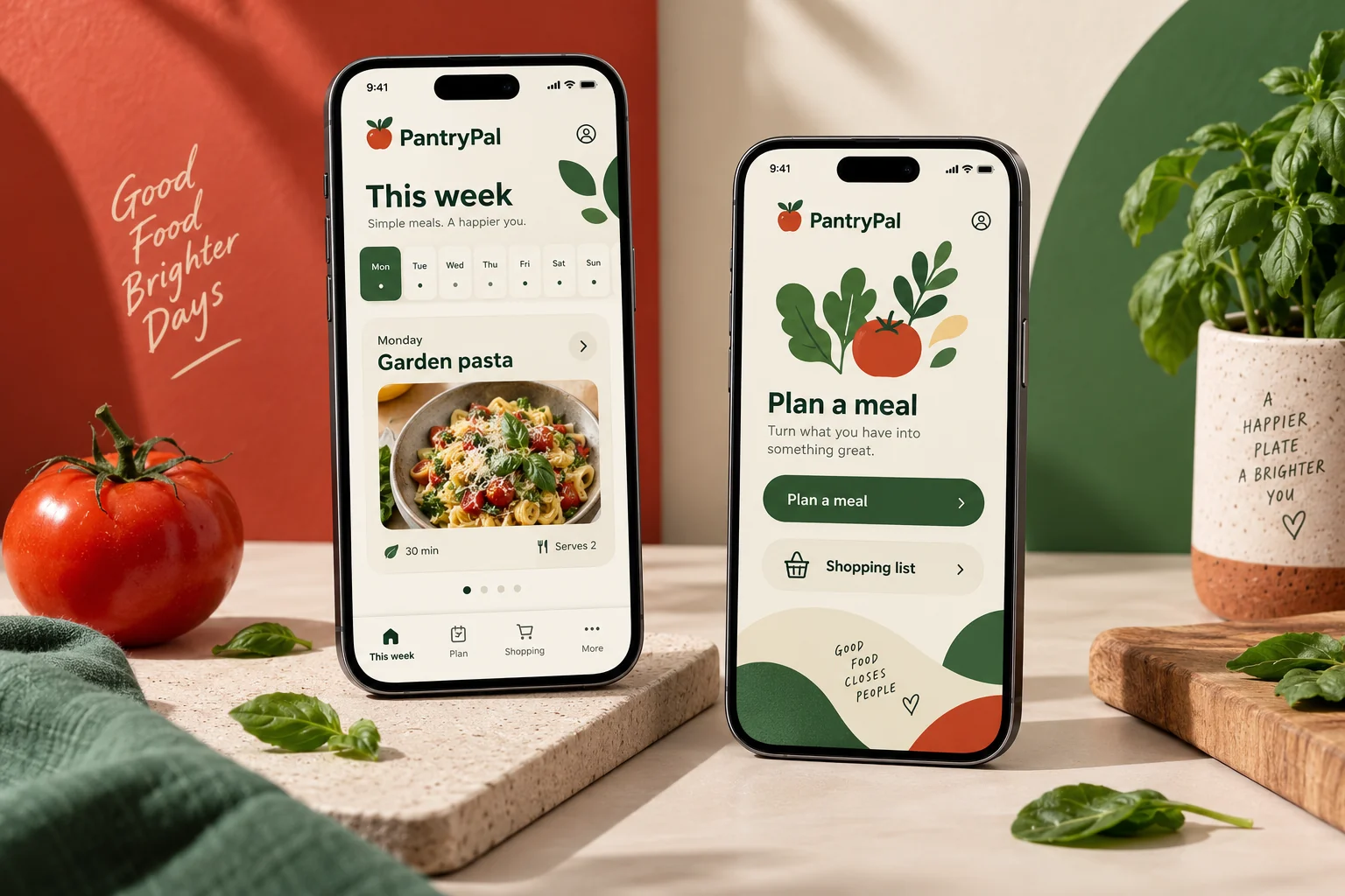 Original PantryPal mobile app concept showing meal planning screens in a colourful studio composition