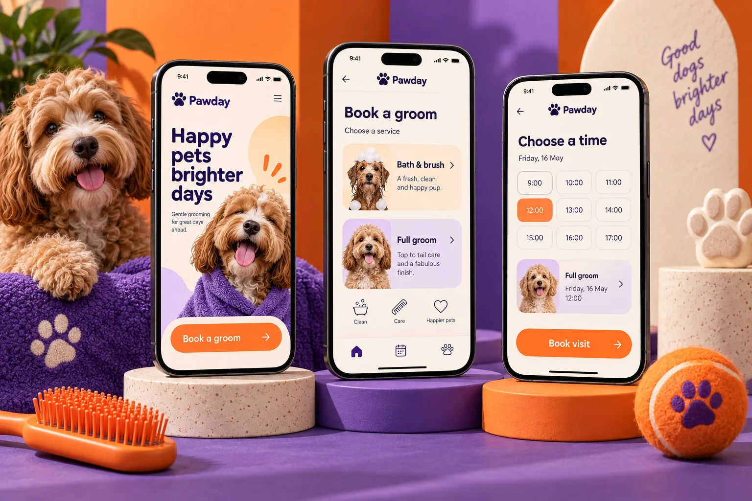Original Pawday mobile app concept showing pet care screens in a colourful studio composition