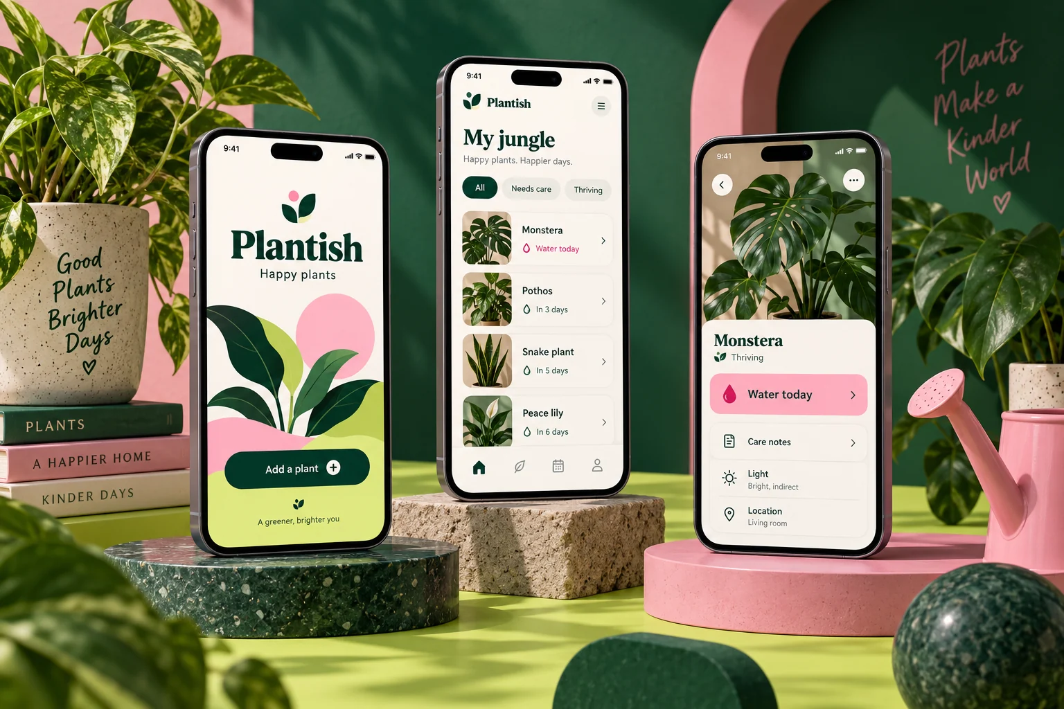 Original Plantish mobile app concept showing plant care screens in a colourful studio composition