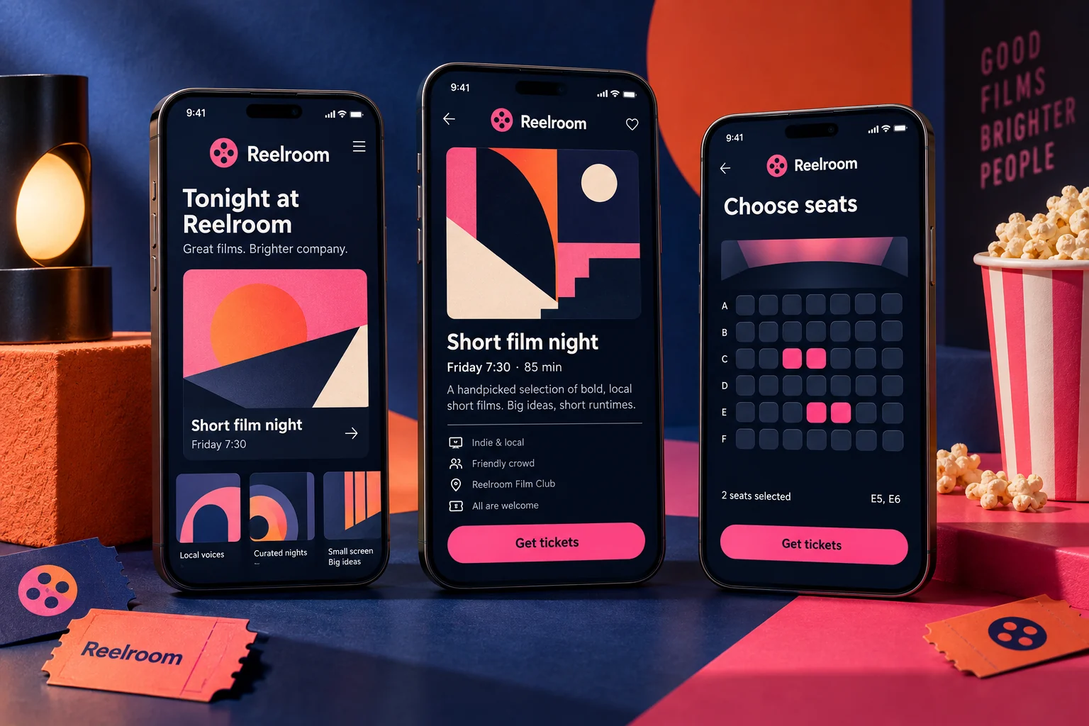 Original Reelroom mobile app concept showing film clubs screens in a colourful studio composition