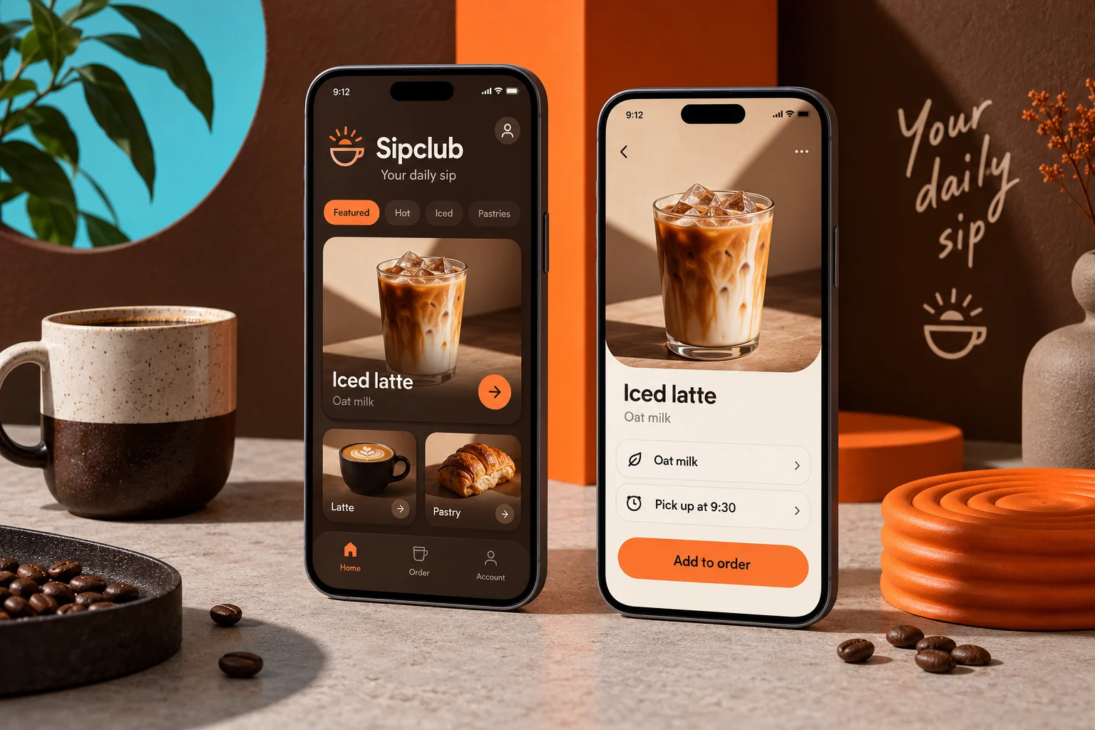 Original Sipclub mobile app concept showing coffee & pickup screens in a colourful studio composition