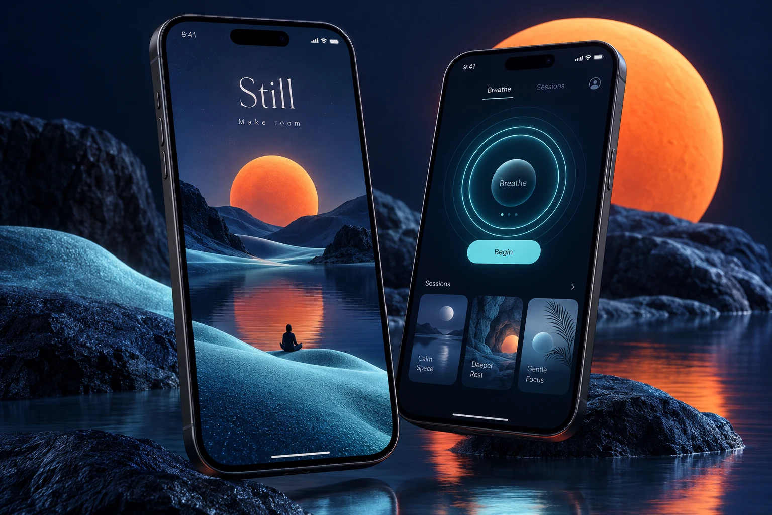 Original Still mindfulness concept with midnight-indigo screens, a warm illustrated landscape and a breathing timer
