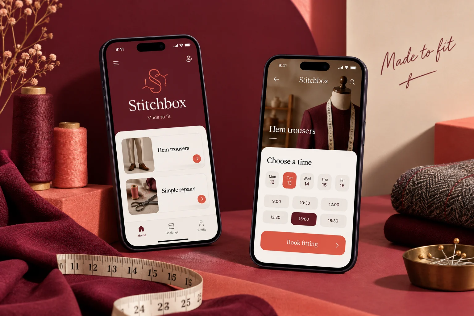 Original Stitchbox mobile app concept showing tailoring services screens in a colourful studio composition