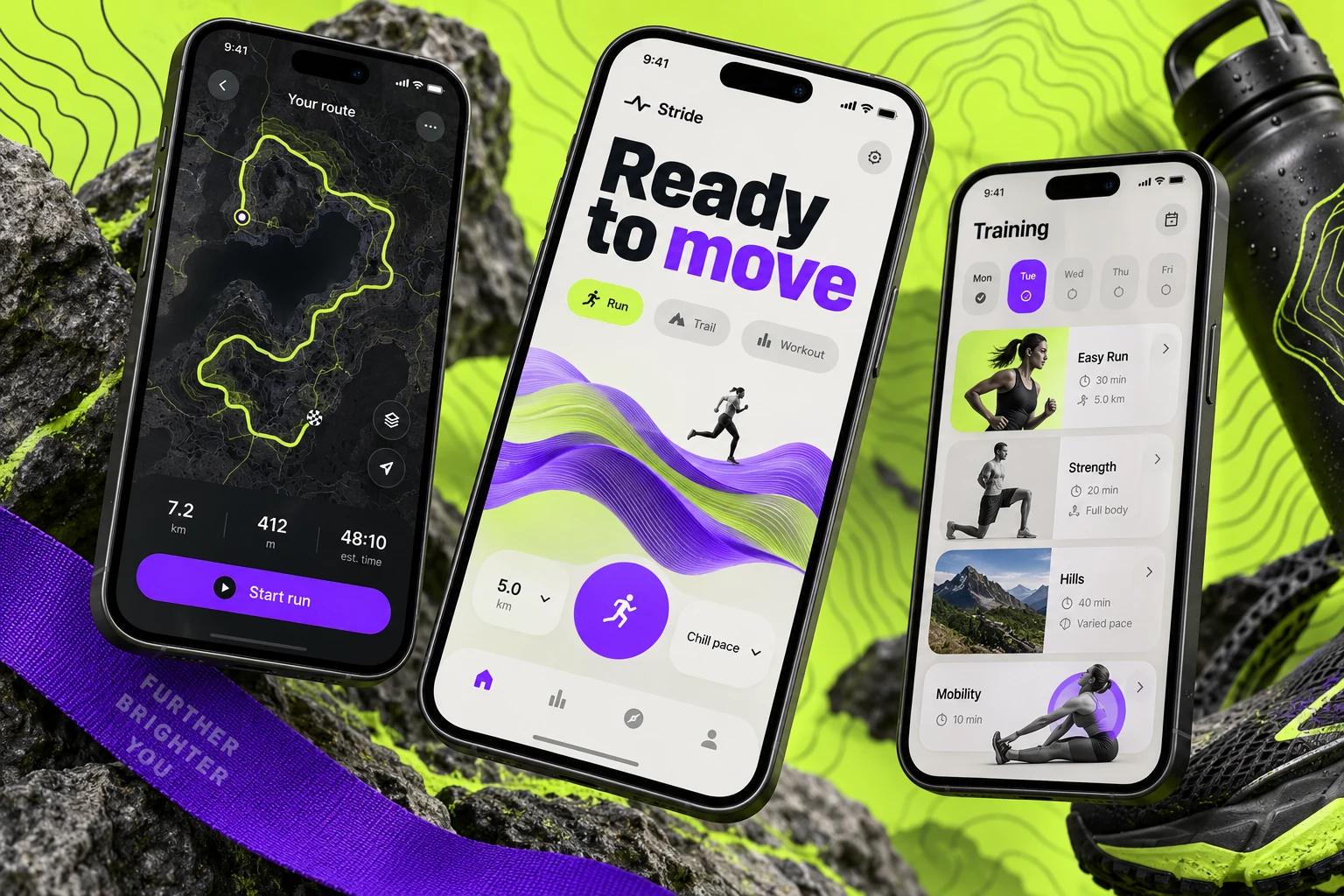 Original Stride fitness app concept with lime, charcoal and purple activity and route screens
