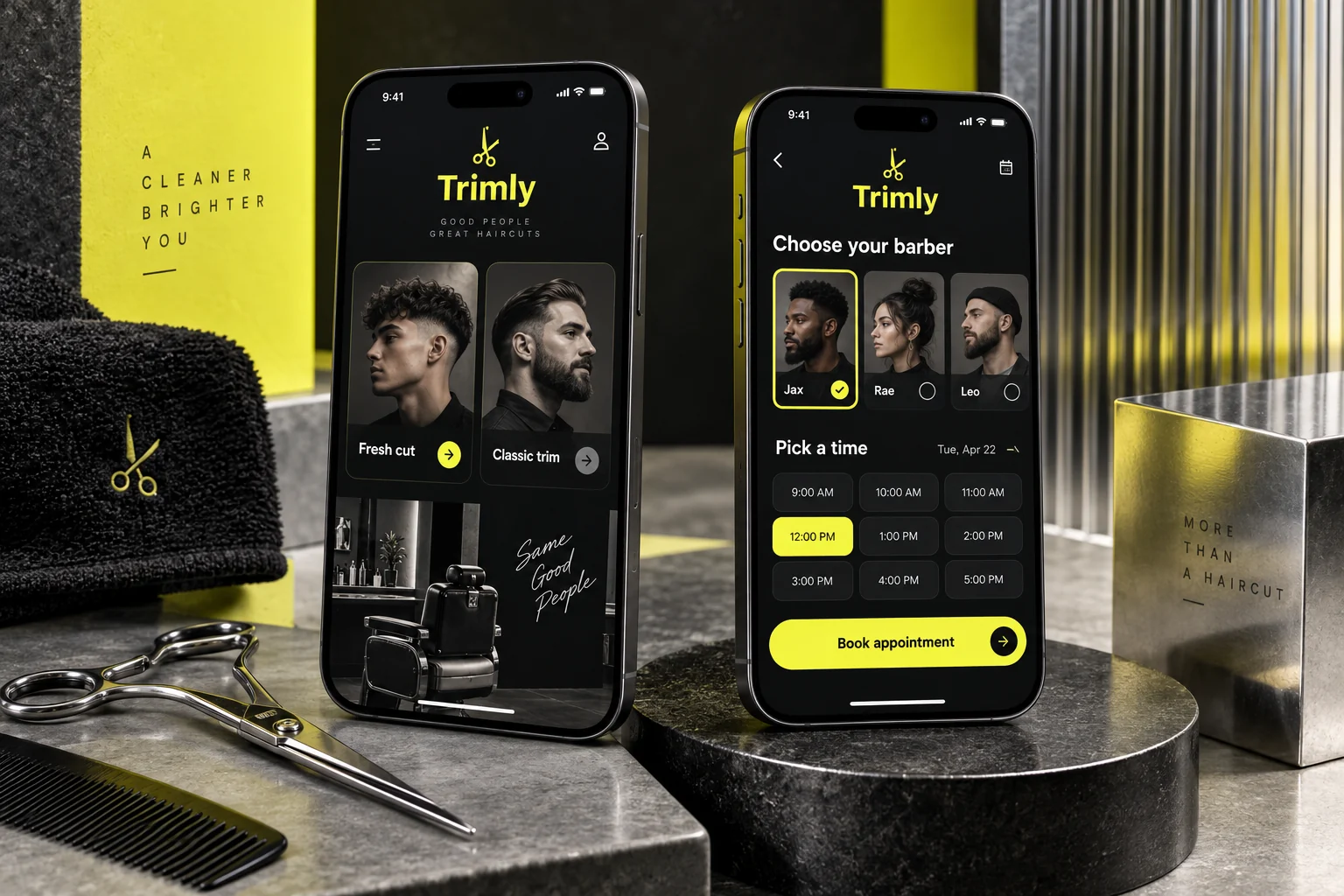 Original Trimly mobile app concept showing barber bookings screens in a colourful studio composition