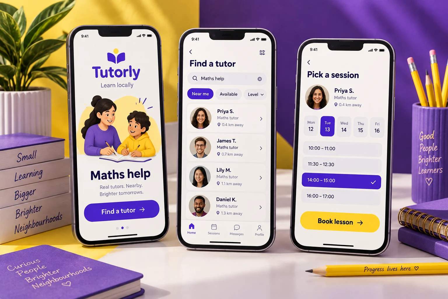 Original Tutorly mobile app concept showing local tutoring screens in a colourful studio composition