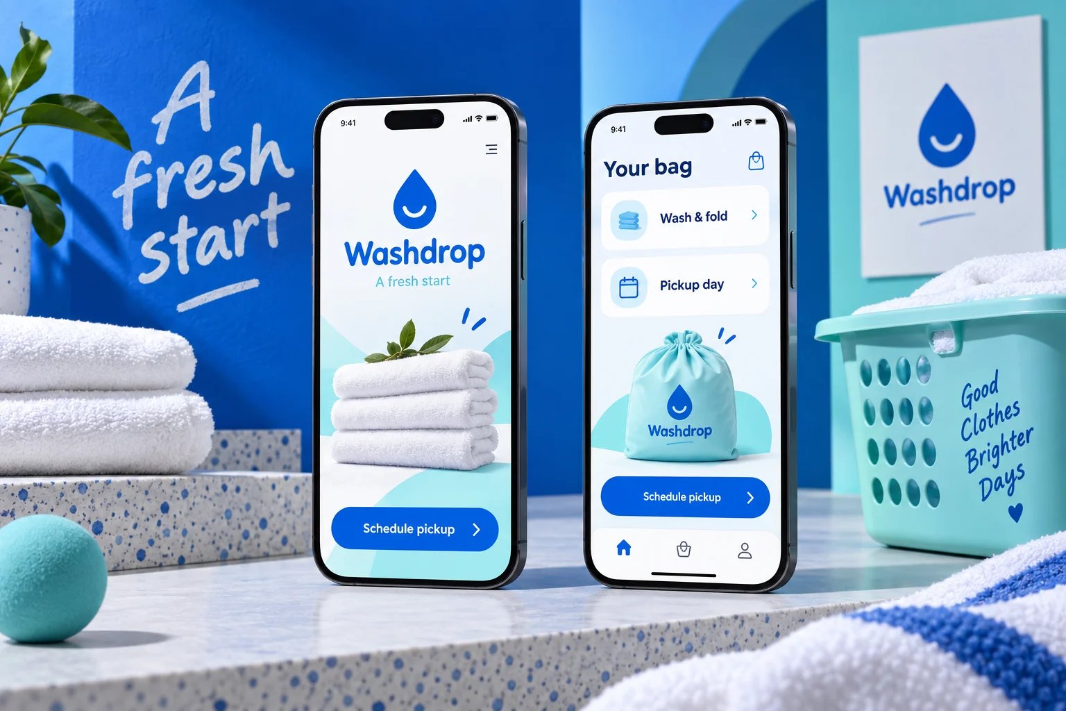 Original Washdrop mobile app concept showing laundry pickup screens in a colourful studio composition